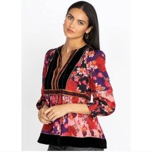 Johnny Was Jade Kimmy Peasant Floral Silk Velvet Embroidered Blouse Size S